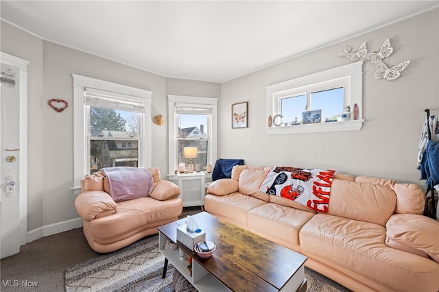 living room featuring carpet and baseboards