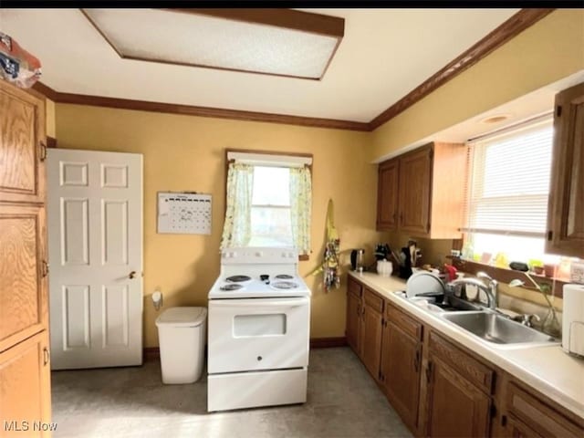 kitchen with a wealth of natural light, electric range, crown molding, and a sink