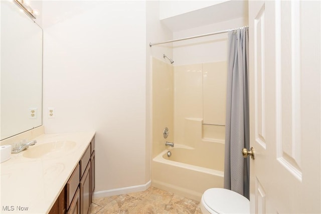 full bath featuring shower / bath combo, baseboards, toilet, tile patterned floors, and vanity