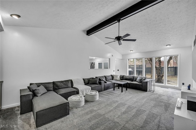 living room with vaulted ceiling with beams, carpet, a ceiling fan, and a textured ceiling