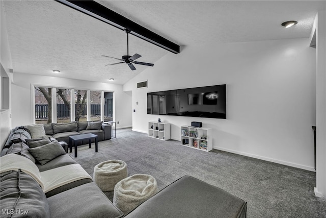 carpeted living room featuring a textured ceiling, lofted ceiling with beams, visible vents, and baseboards