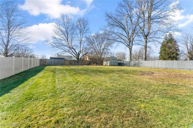 view of yard featuring an outbuilding and a fenced backyard