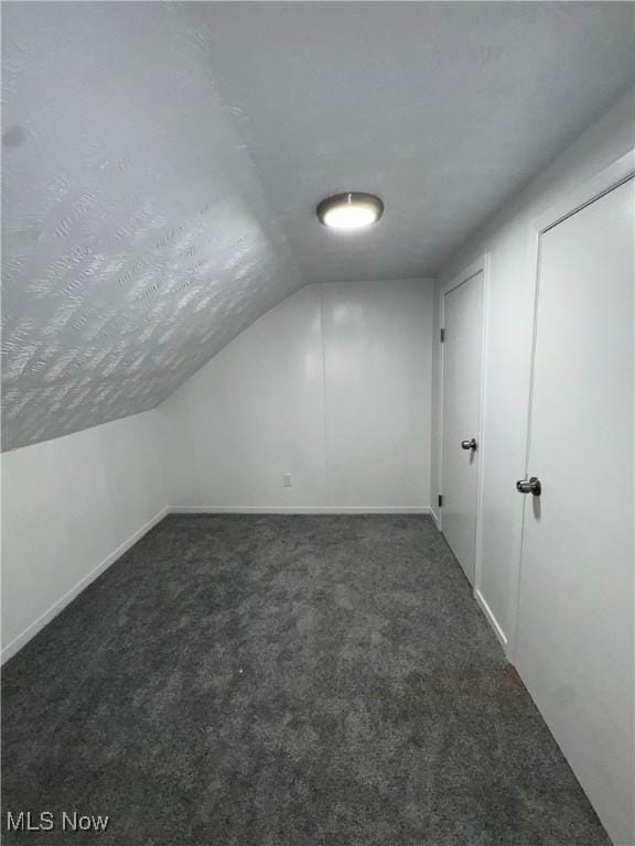 additional living space featuring lofted ceiling, dark colored carpet, and a textured ceiling