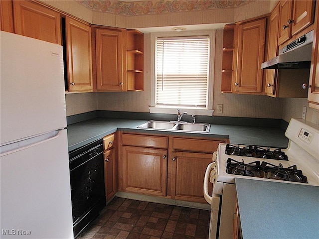 kitchen with white appliances, a sink, under cabinet range hood, and open shelves