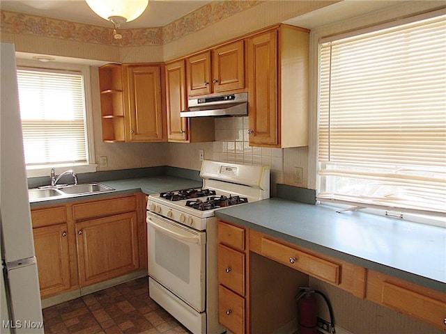 kitchen featuring backsplash, gas range gas stove, under cabinet range hood, open shelves, and a sink