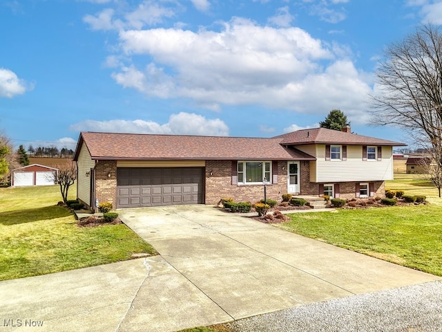 tri-level home with driveway, a front lawn, and brick siding