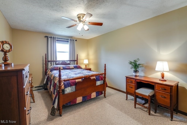 bedroom with baseboard heating, light carpet, ceiling fan, a textured ceiling, and baseboards