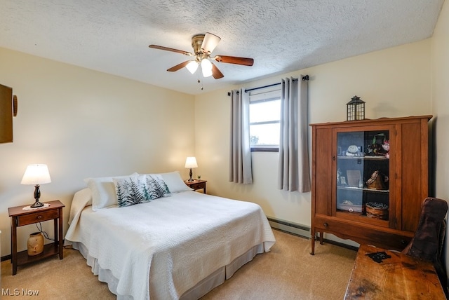 bedroom featuring light carpet, ceiling fan, a textured ceiling, and baseboard heating