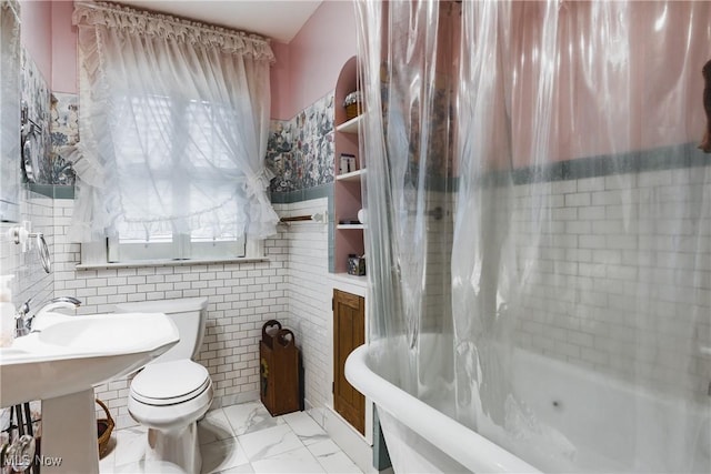 1518 Washington Ave, Parkersburg, WV 26101 - full bath with marble finish floor, shower / bath combo with shower curtain, toilet, and tile walls