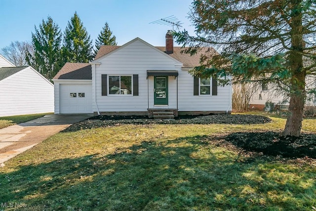 view of front facade with a chimney, a shingled roof, an attached garage, driveway, and a front lawn