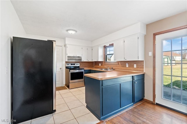 kitchen with stainless steel appliances, white cabinets, a sink, a peninsula, and under cabinet range hood