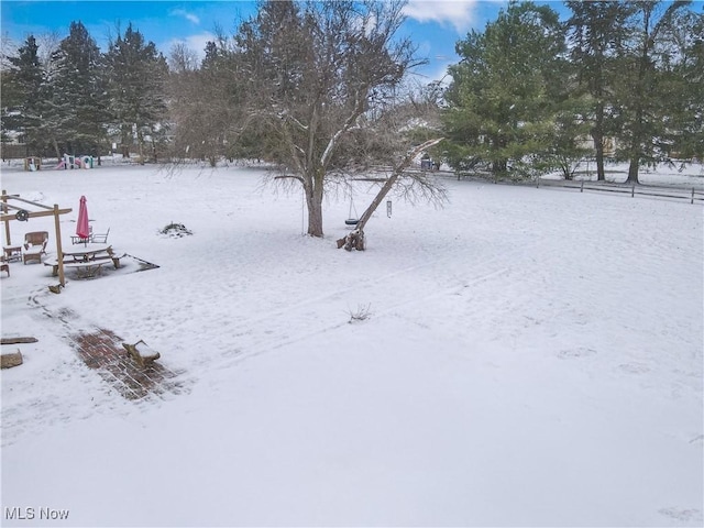 view of yard layered in snow