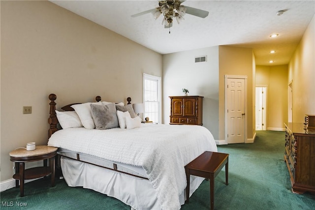 1003 Duncan Ln, Parkersburg, WV 26104 - bedroom featuring a ceiling fan, visible vents, baseboards, dark colored carpet, and recessed lighting