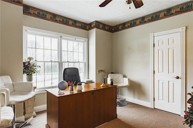 1003 Duncan Ln, Parkersburg, WV 26104 - home office with carpet flooring, a ceiling fan, and baseboards