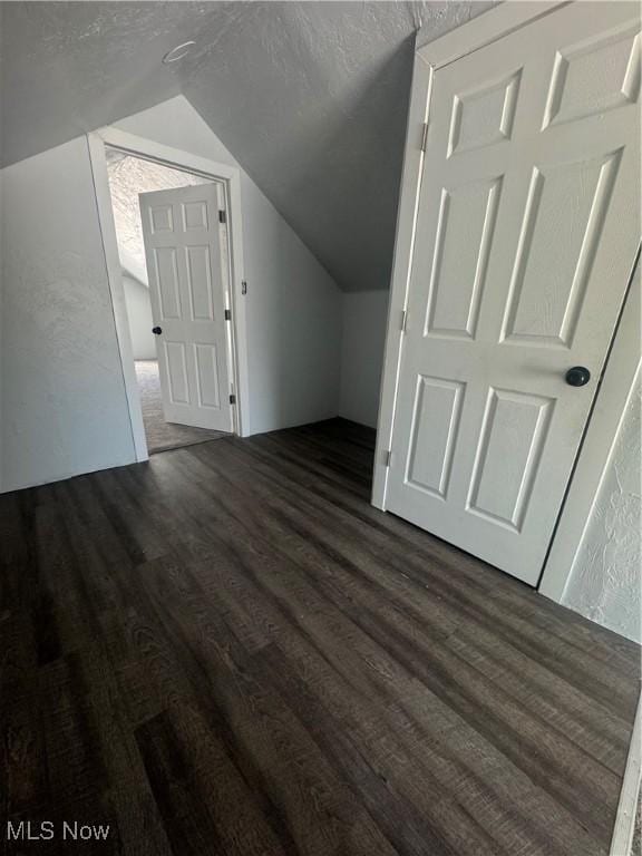 bonus room featuring vaulted ceiling, a textured ceiling, and wood finished floors