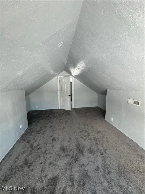 bonus room featuring a textured ceiling, carpet flooring, and lofted ceiling