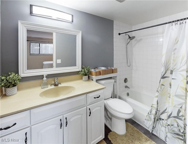 bathroom with toilet, shower / bath combo, and vanity