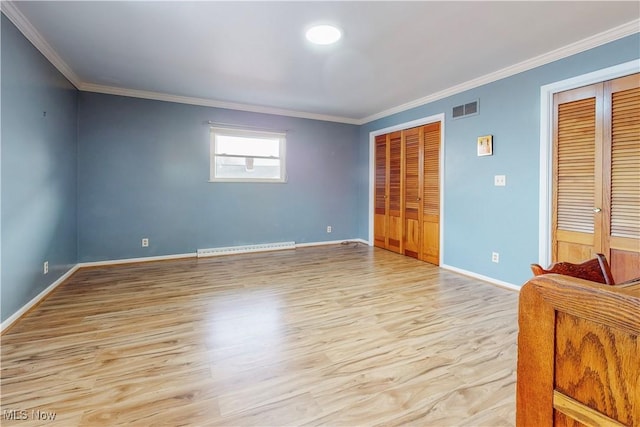 unfurnished bedroom featuring two closets, a baseboard radiator, visible vents, light wood-style flooring, and ornamental molding