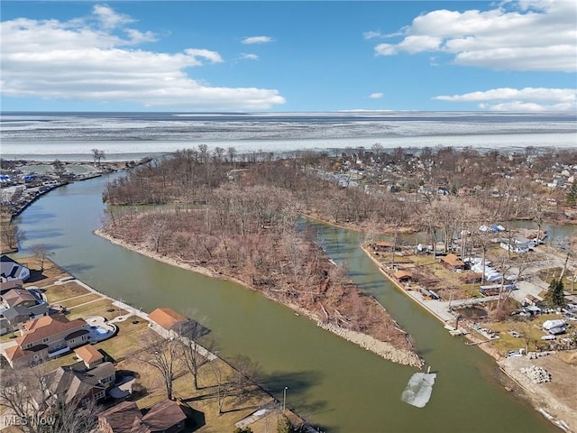 drone / aerial view featuring a water view