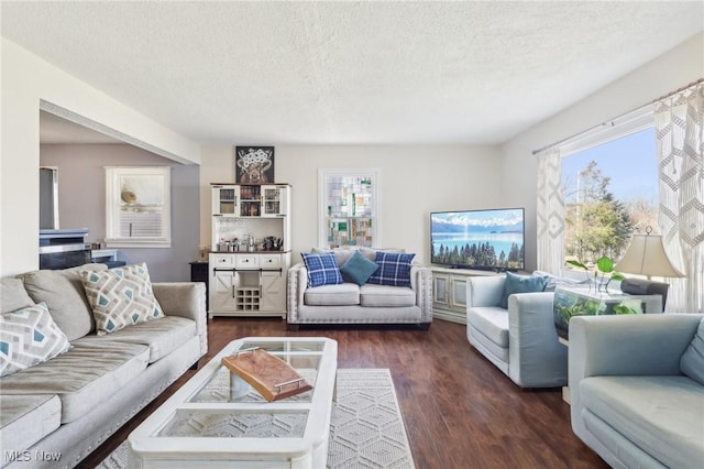 living area with dark wood-style floors, a textured ceiling, and a wealth of natural light