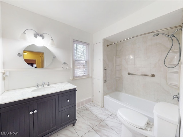 full bathroom with shower / bathtub combination, visible vents, vanity, and toilet