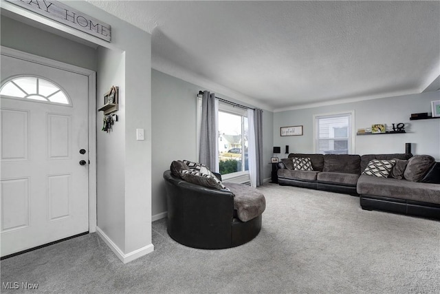 living room featuring carpet floors, baseboards, and a textured ceiling