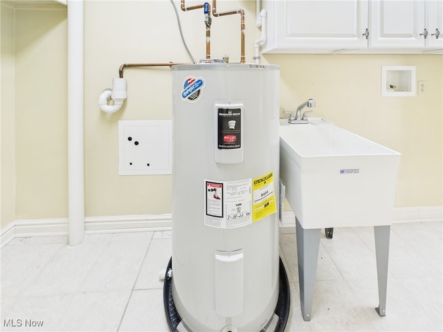 utility room with water heater and a sink