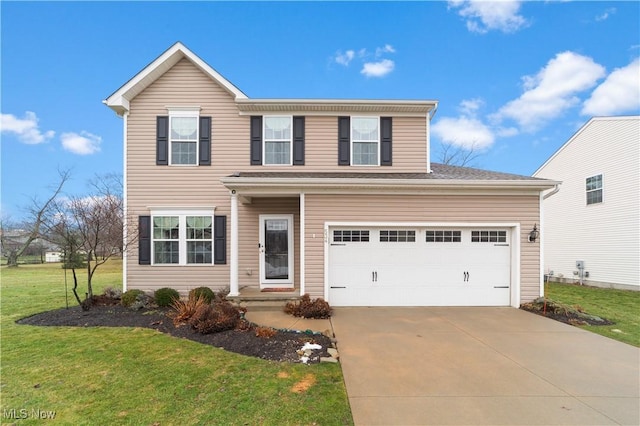 traditional-style home featuring driveway, a garage, and a front lawn