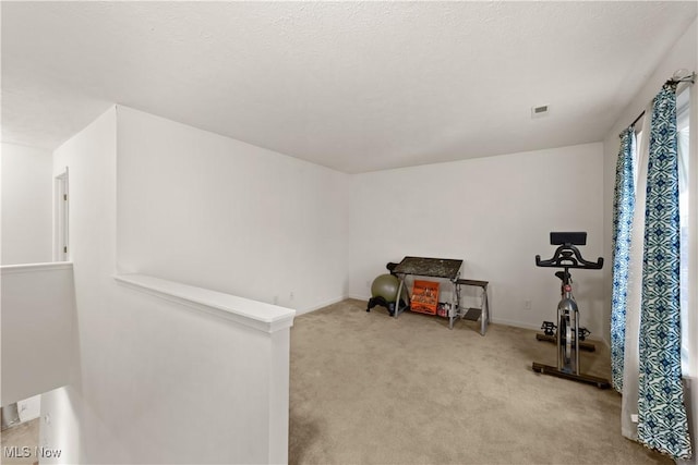 exercise room featuring light carpet, a textured ceiling, and baseboards