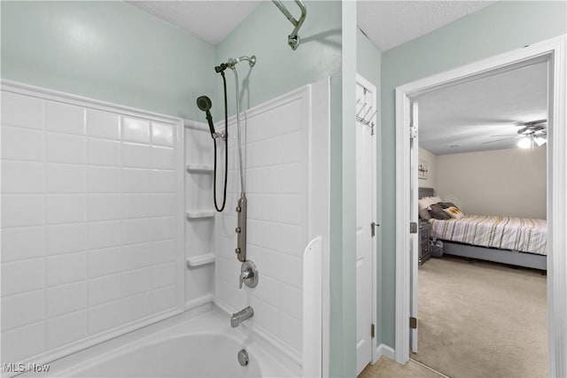 ensuite bathroom with ensuite bath, shower / tub combination, a textured ceiling, and a ceiling fan