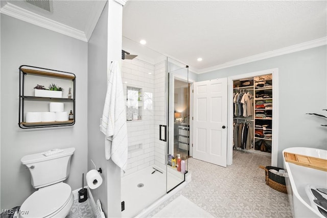 full bathroom with visible vents, a spacious closet, toilet, ornamental molding, and a stall shower