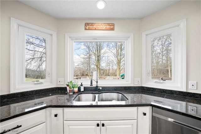 kitchen featuring stainless steel dishwasher, dark stone countertops, a sink, and white cabinets