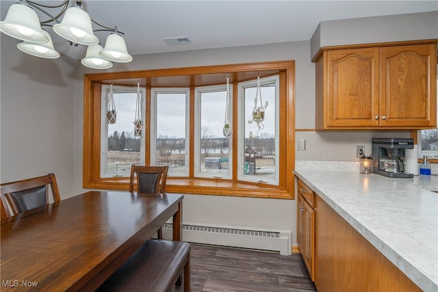 dining room with a wealth of natural light, dark wood-style flooring, a baseboard radiator, and visible vents