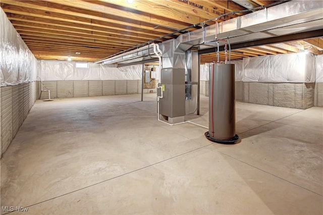 basement featuring water heater, electric panel, and heating unit