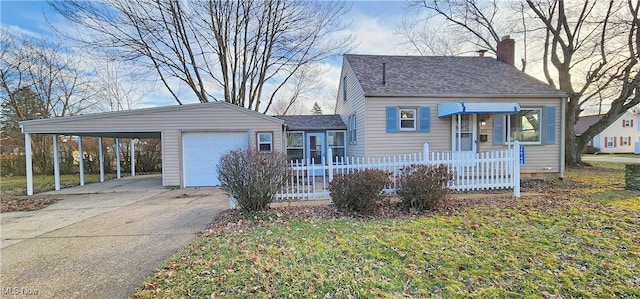 view of front facade featuring a garage, driveway, a chimney, and a shingled roof