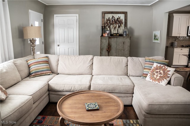 living room featuring dark wood-style floors