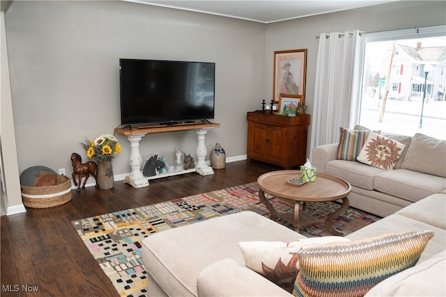 living area featuring baseboards and wood finished floors