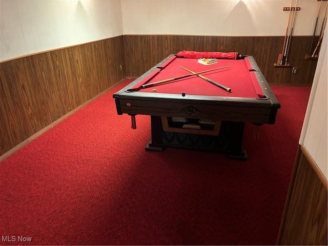 game room with carpet floors, pool table, wooden walls, and wainscoting