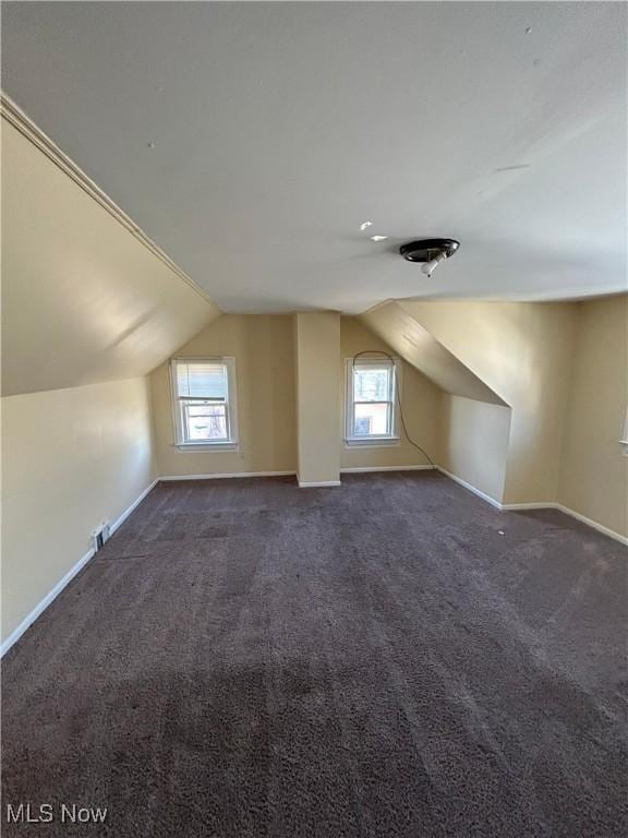 additional living space with lofted ceiling, carpet, and baseboards