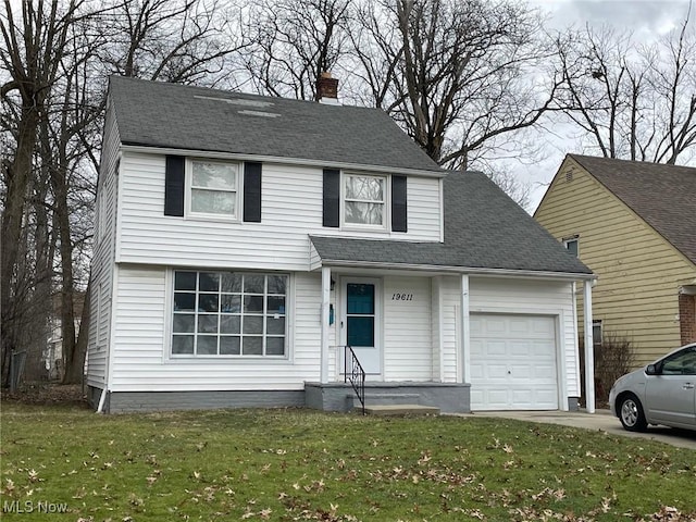 view of front of property with driveway, a chimney, roof with shingles, an attached garage, and a front lawn