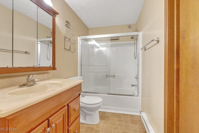 bathroom with baseboards, toilet, enclosed tub / shower combo, baseboard heating, and vanity