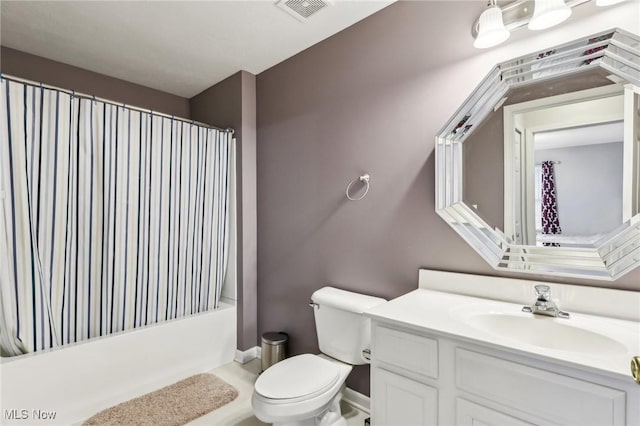 full bath featuring toilet, shower / bath combination with curtain, vanity, and visible vents