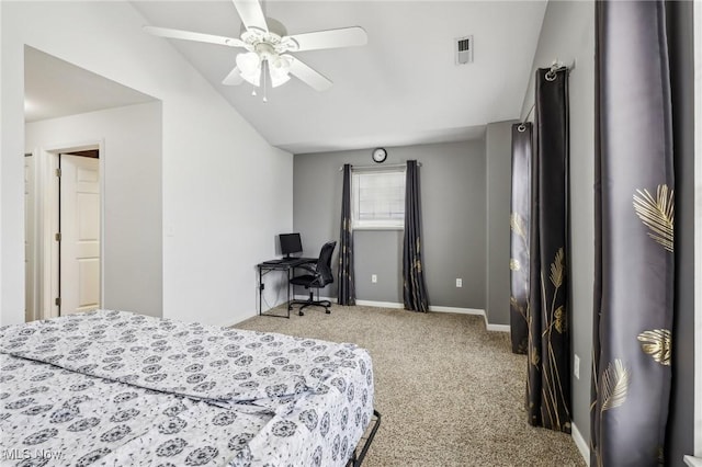 carpeted bedroom with vaulted ceiling, a ceiling fan, visible vents, and baseboards