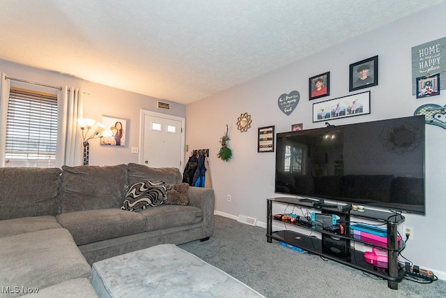 carpeted living room with a textured ceiling and baseboards