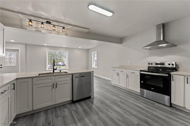 kitchen featuring light countertops, appliances with stainless steel finishes, a sink, wood finished floors, and wall chimney exhaust hood