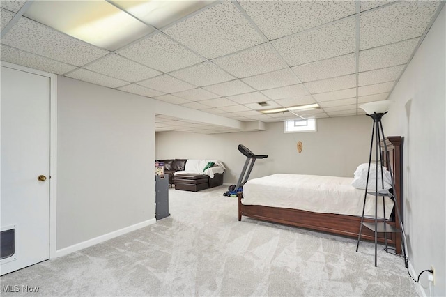 bedroom featuring carpet floors, a drop ceiling, and baseboards