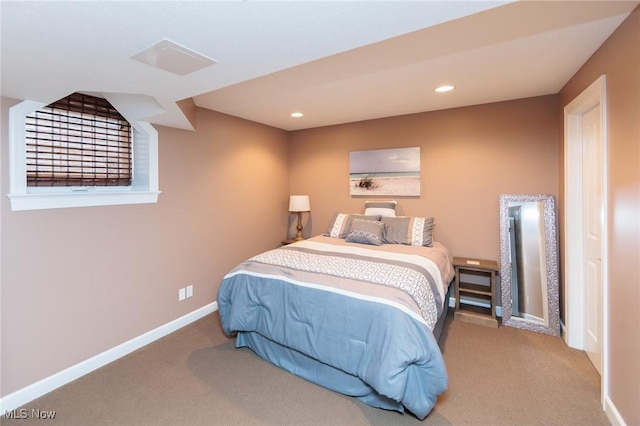 bedroom with carpet, baseboards, and recessed lighting