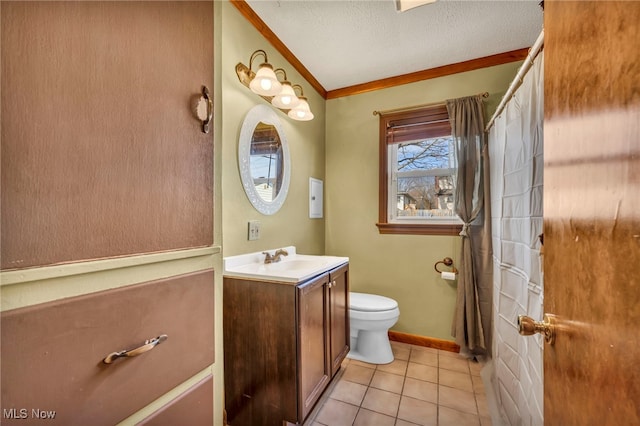 full bathroom featuring toilet, vanity, tile patterned flooring, a textured ceiling, and crown molding