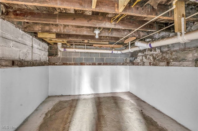 unfinished basement featuring concrete block wall