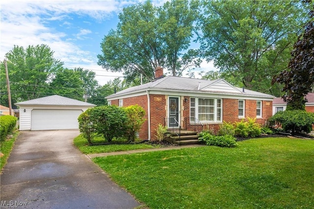 ranch-style home with a garage, brick siding, an outdoor structure, a chimney, and a front yard